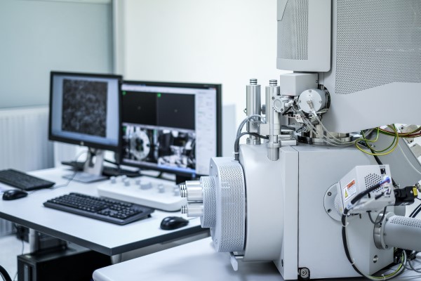 Tipos de microscópio e suas funções - microscópio eletrônico de varredura e seu computador de monitoramento com duas telas.
